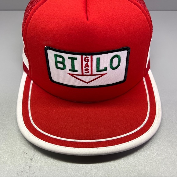 Vintage 3 Stripe Bi Lo Gas Hat Cap Red White Snap Back Trucker Mesh Foam - Picture 5 of 8